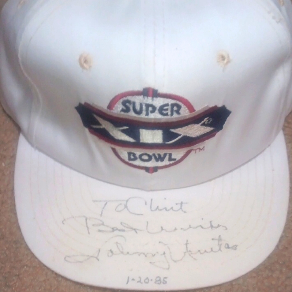 Johnny Unitas SIGNED "SPORTS SPECIALTIES" SUPER BOWL XIX CAP. GOOD CONDITION.